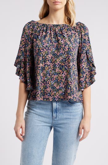売れ筋商品|||ヴィンスカムート カットソー トップス レディース Women's Printed Off-The-Shoulder Flutter-Sleeve Top Rich Black VIMPUNEC Womens Off The Shoulder Flowy Tops Casual Batwing