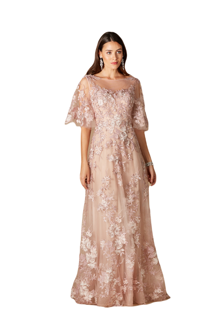 Long Bell Sleeve V-Neck Beaded Gown, Main, color, Blush