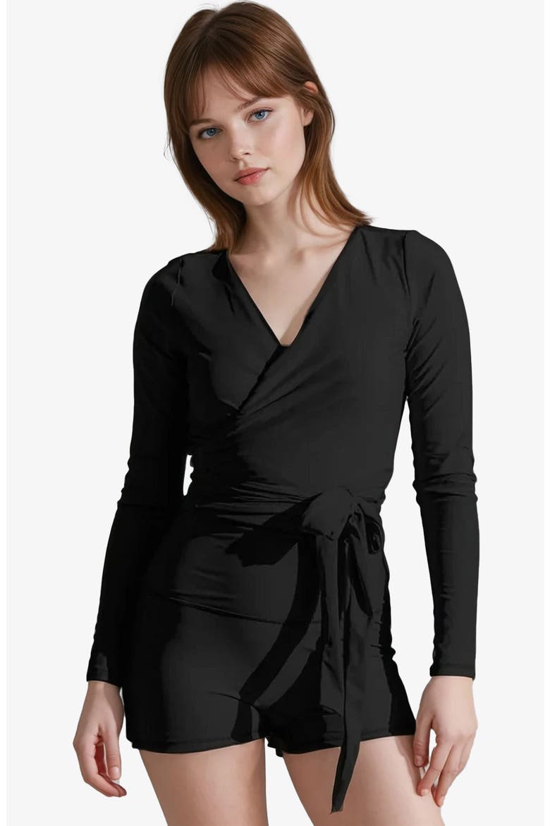 Plus Size Avery 2-Piece Long Sleeve Wrap Swim Set With Reversible Top and Tummy Control Shorts, Main, color, Black