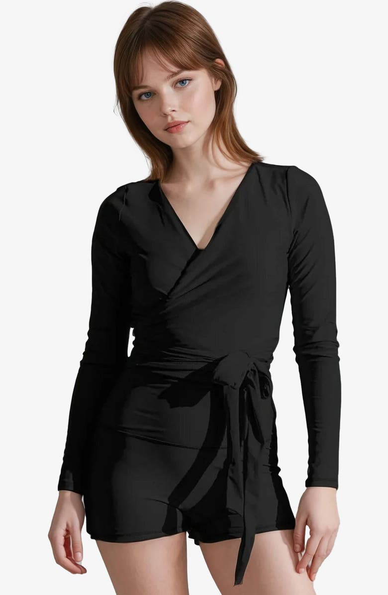 Calypsa Plus Size Avery 2-Piece Long Sleeve Wrap Swim Set With Reversible Top and Tummy Control Shorts, Main, color, Black