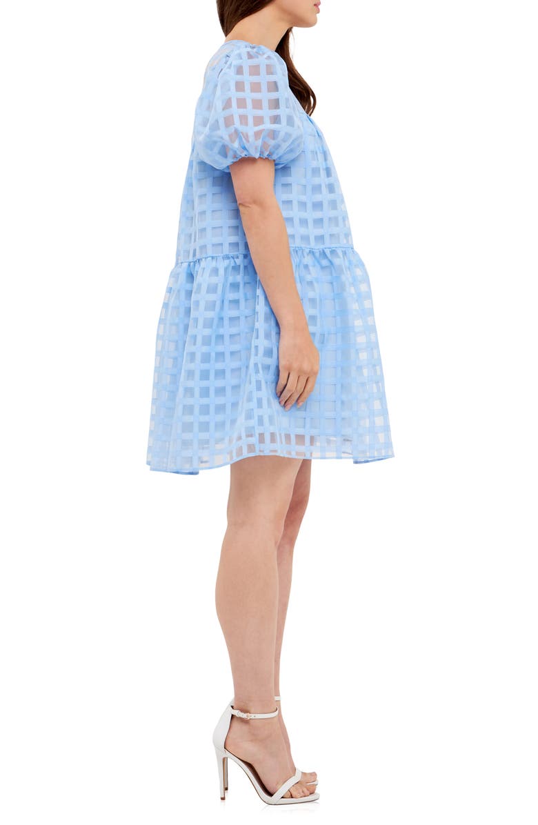 English Factory Gridded Puff Sleeve Dress, Alternate, color, Ocean Blue
