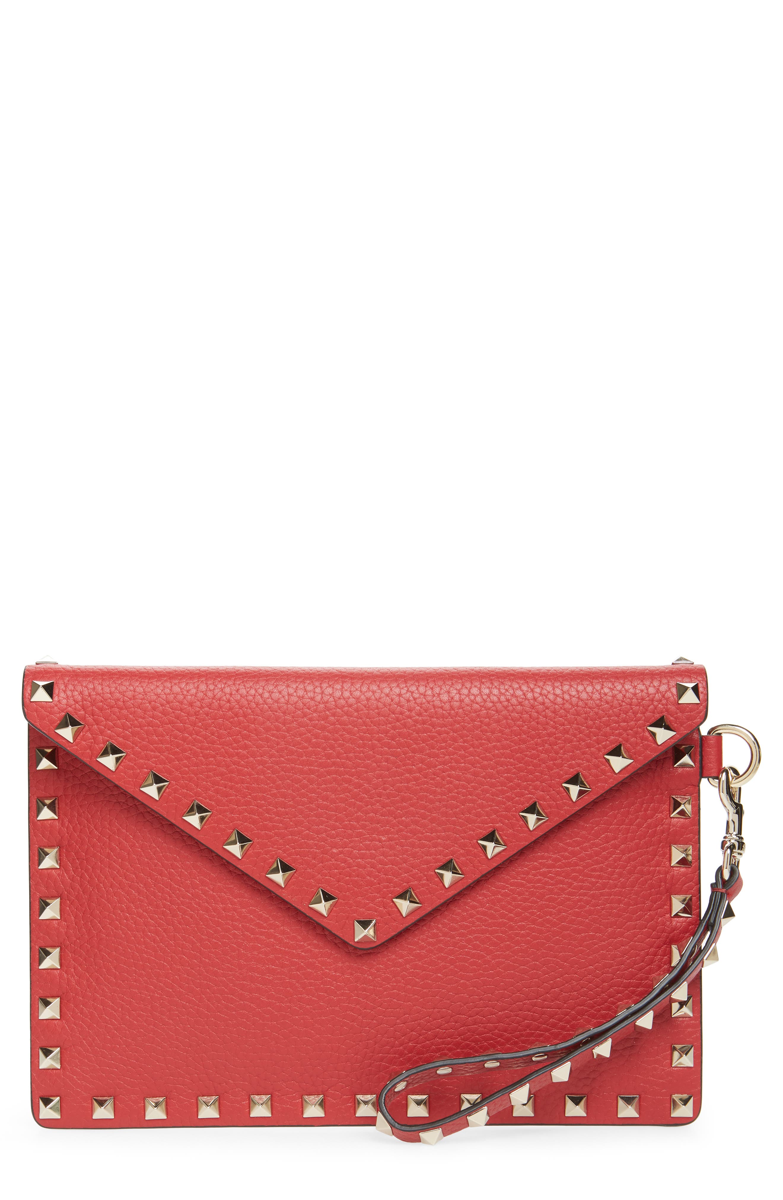 Medium Rockstud Leather Envelope Pouch, Main, color, ROSSO V