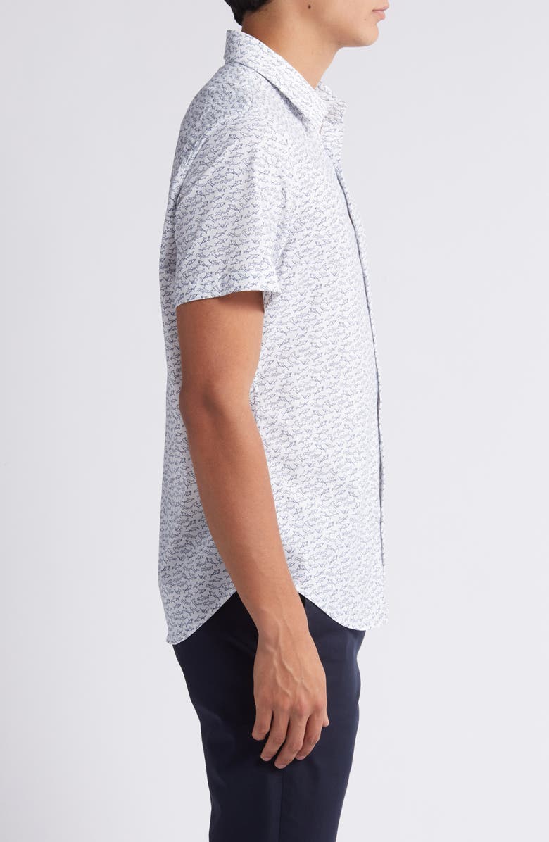 Bonobos Tech Shark Print Short Sleeve Performance Button-Up Shirt, Alternate, color, Shark Party V4 C25