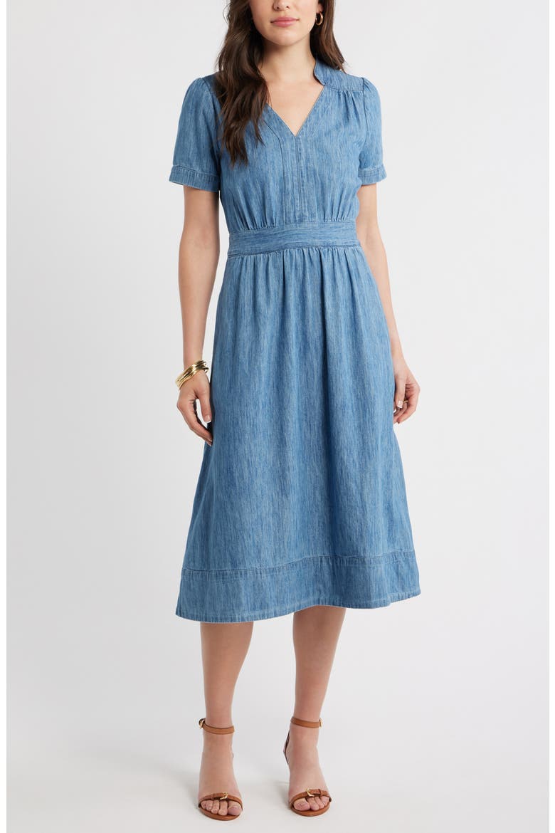 womens chambray midi dress Twist Front Puff Sleeve Chambray Midi Dress (Women)