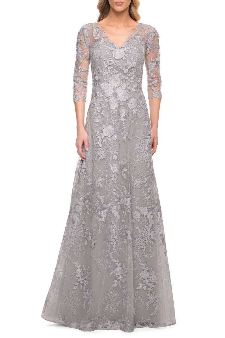 Floral Embroidered A-Line Gown, Alternate, color, SILVER