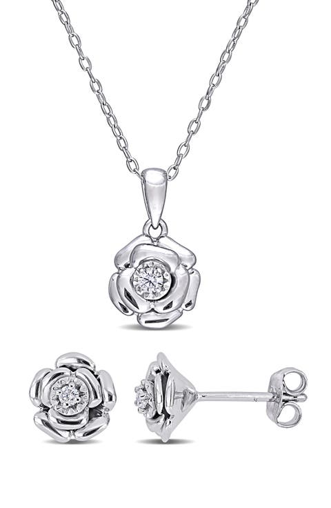 Diamond Flower Pendant Necklace & Stud Earrings Set - 0.11ct.