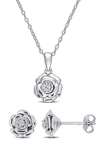 Delmar Diamond Flower Pendant Necklace & Stud Earrings Set In Silver