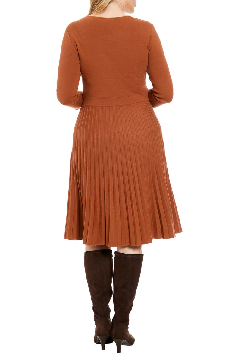 London Times Long Sleeve Pleated Flare Skirt Dress, Alternate, color, Brown