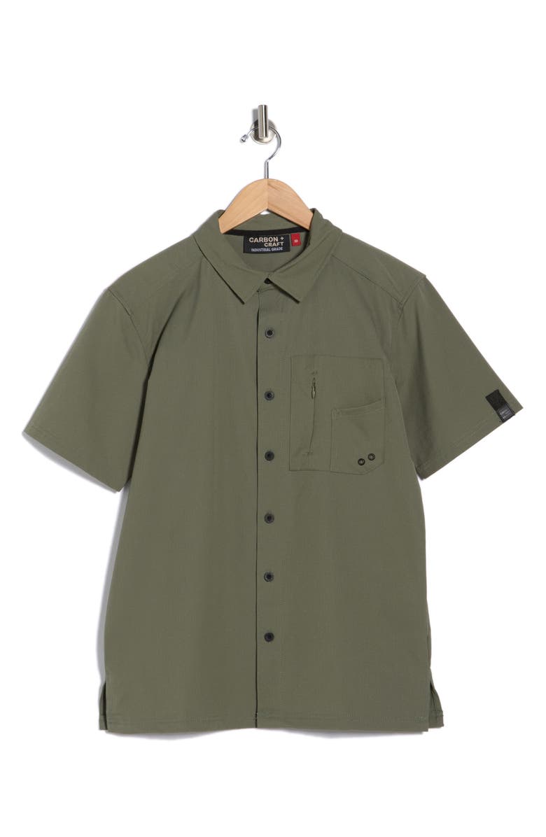 CARBON + CRAFT Water Resistant Technical Short Sleeve Button-Up Shirt, Alternate, color, Olive