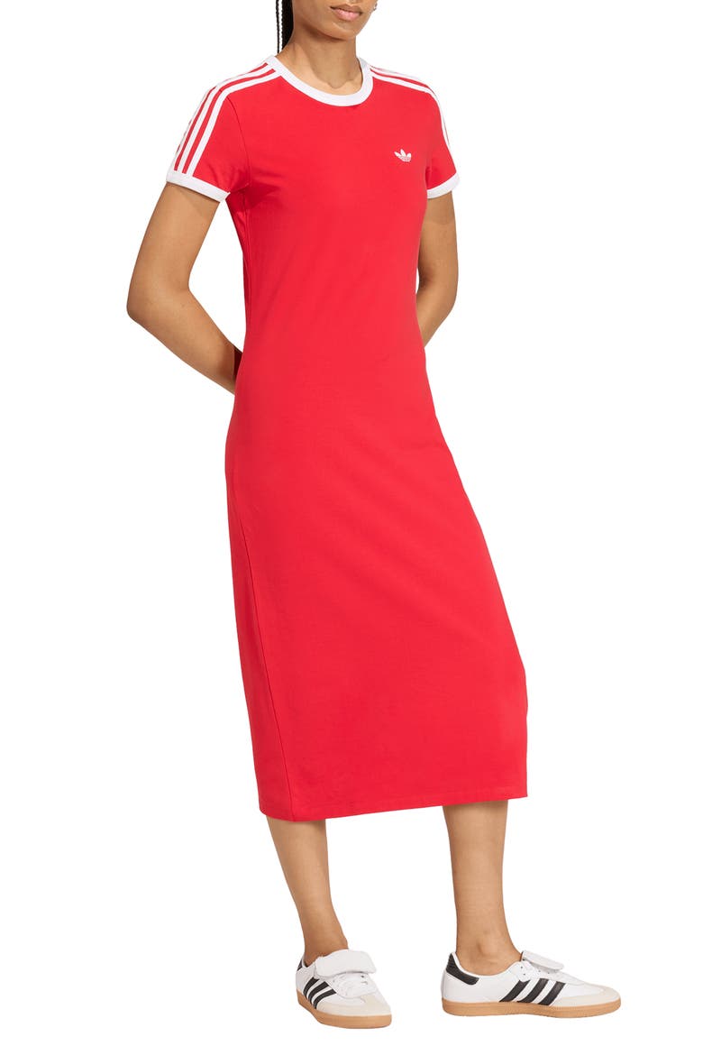 3-Stripes Stretch Cotton Midi Dress, Alternate, color, BETTER SCARLET/ WHITE