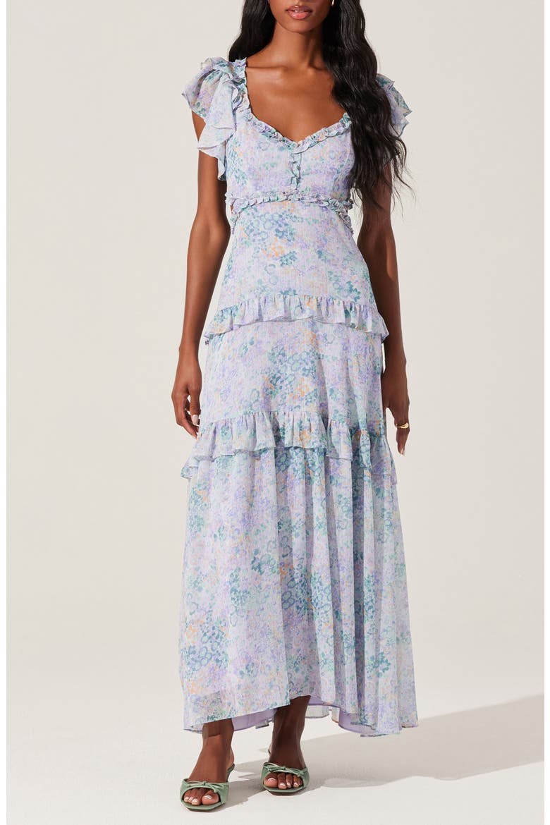 Mable Floral Tiered Cutout Chiffon Dress, Main, color, LLC GRN FL