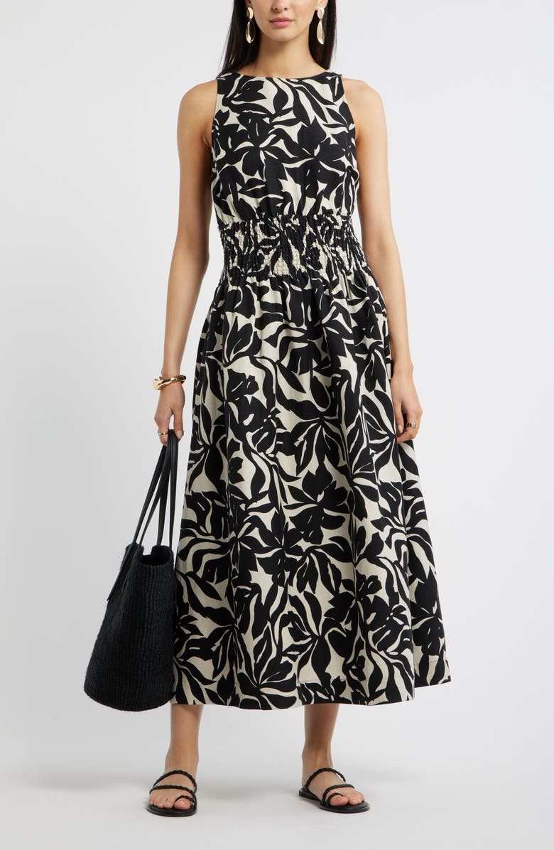 Nordstrom Smocked Waist Linen Blend Dress, Alternate, color, Beige- Black Fira Bloom