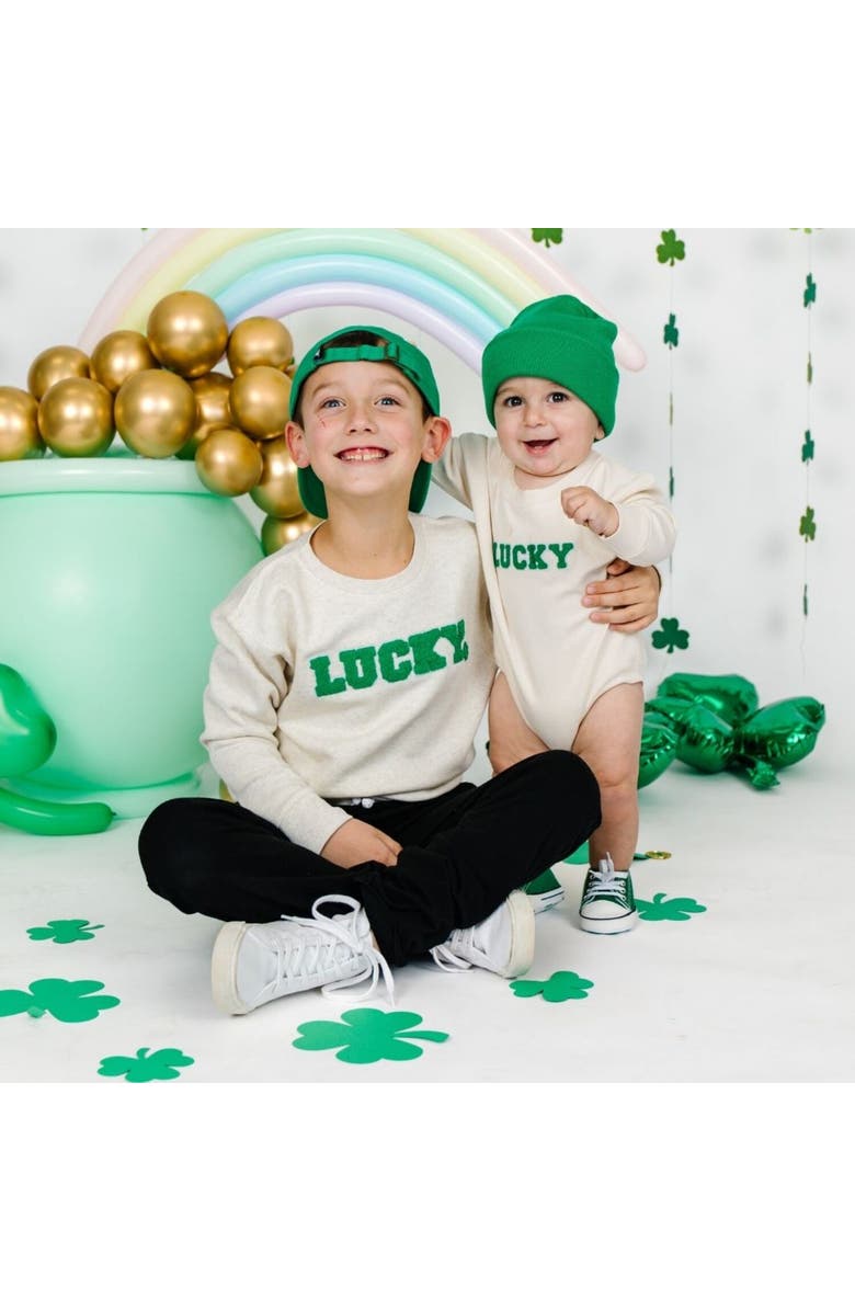 Sweet Wink Lucky Varsity Patch St. Patrick's Day Sweatshirt, Alternate, color, Natural Heather