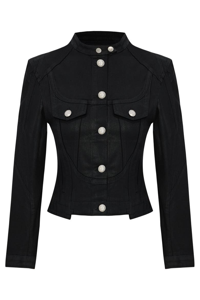 Pure Cotton Shiny Coated Women Denim Jacket, Main, color, BLACK