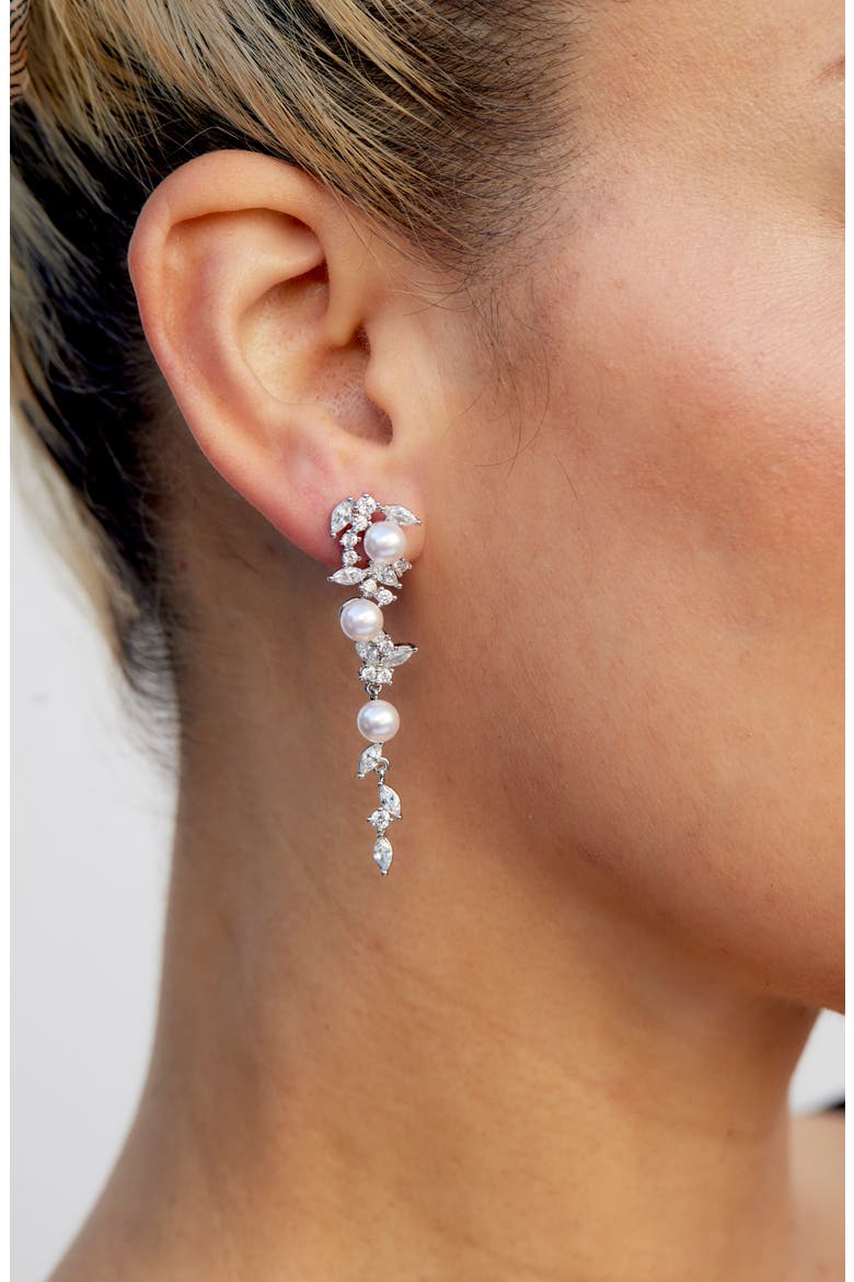 Cubic Zirconia & Faux Pearl Cascade Earrings, Alternate, color, SILVER