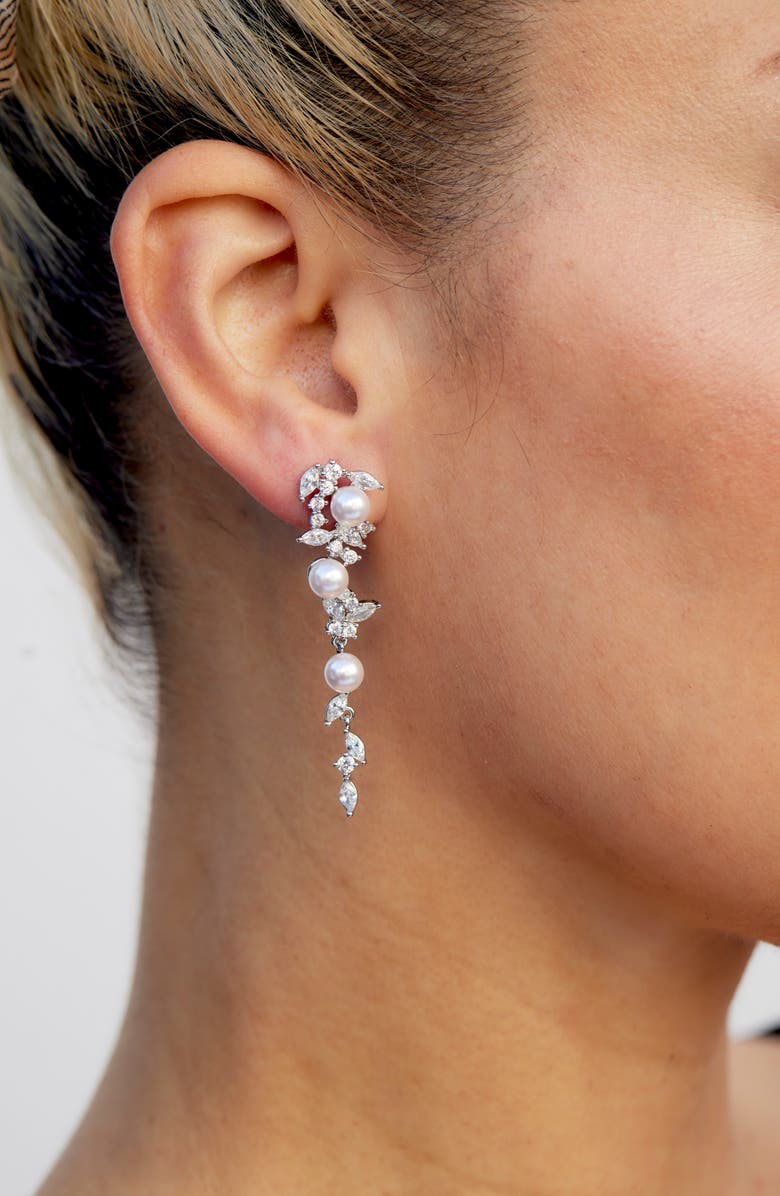 SAVVY CIE JEWELS Cubic Zirconia & Faux Pearl Cascade Earrings, Alternate, color, Silver