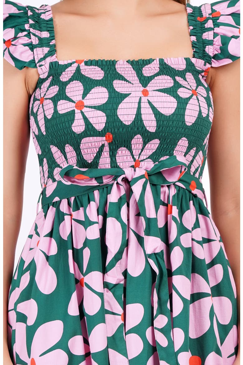 Ivanna A-Line Smocked Midi Dress, Alternate, color, Dancing Daisies Evergreen