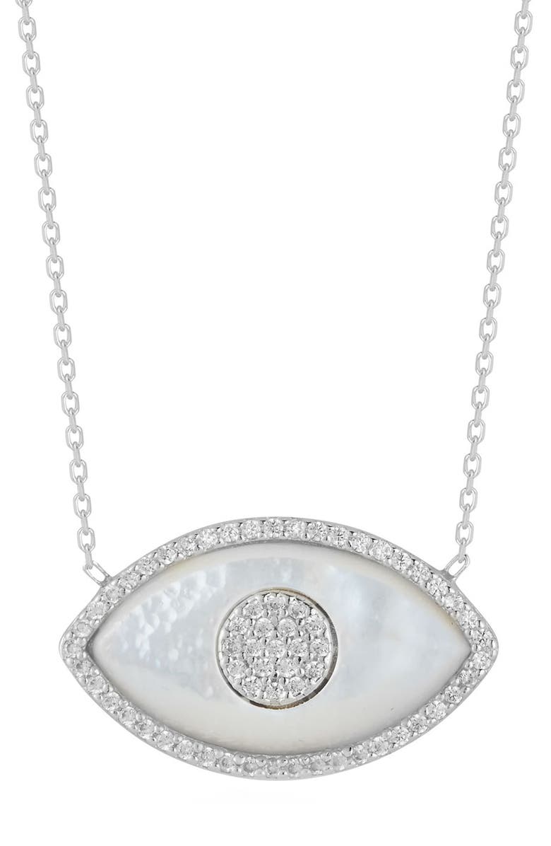 SPHERA MILANO Sterling Silver Mother of Pearl Evil Eye CZ Pendant Necklace, Main, color, Silver