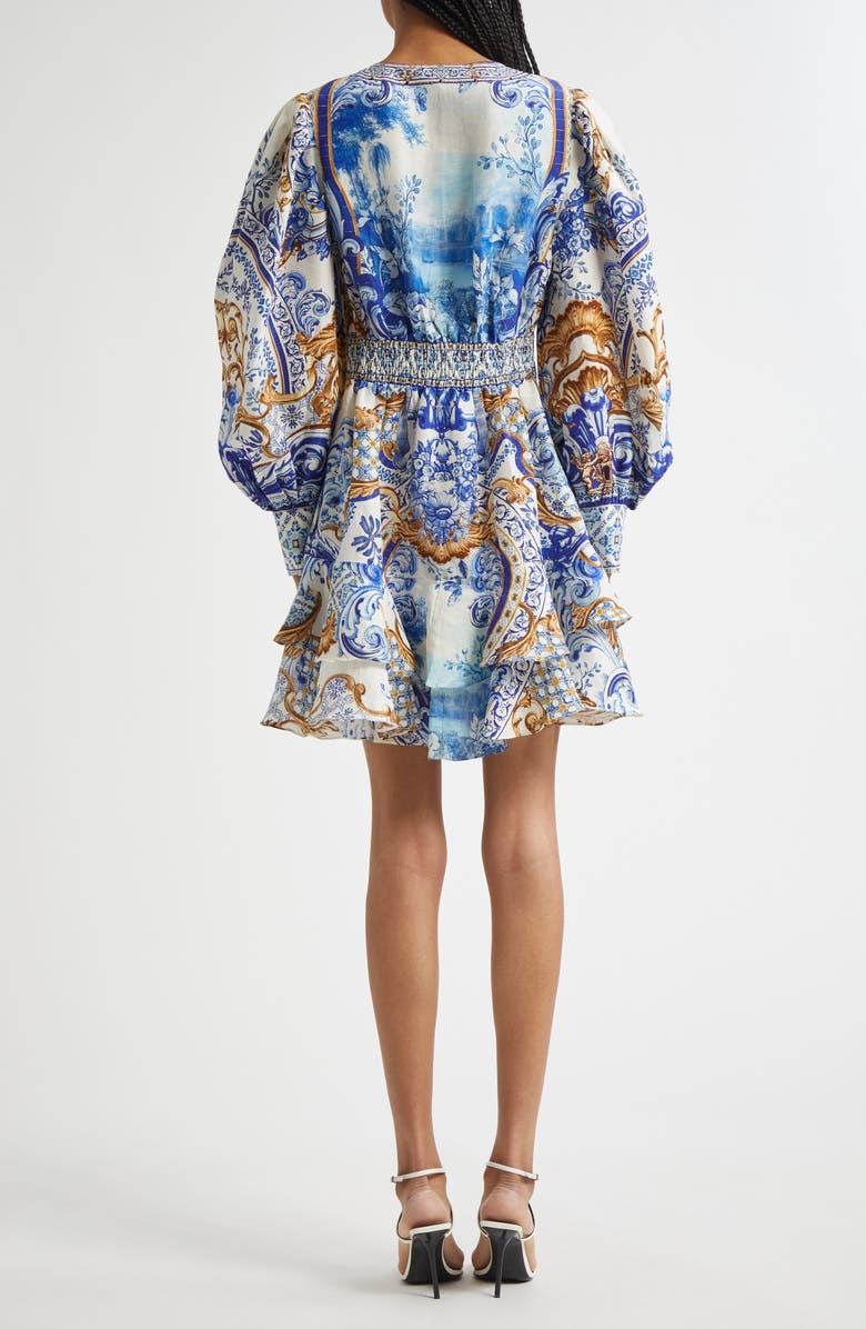 Camilla Button Front Frill Long Sleeve Linen & Silk Minidress, Alternate, color, Azul Adventures