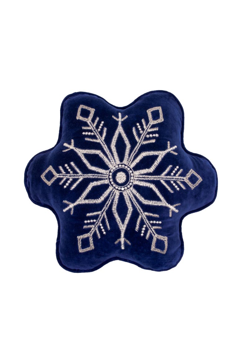 Embellished Woven Snowflake on Blue Velvet Shaped Throw Pillow 18" x 17", Main, color, Blue