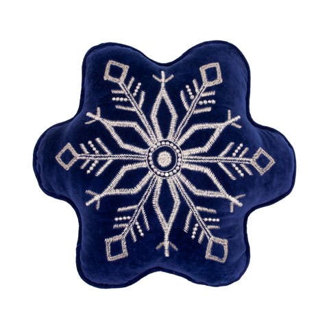 Embellished Woven Snowflake on Blue Velvet Shaped Throw Pillow 18" x 17"