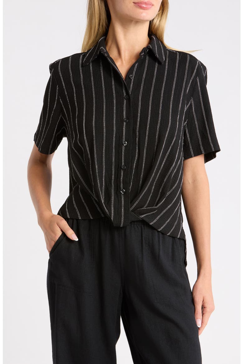 Twist Front Short Sleeve Shirt, Main, color, BLACK- IVORY RITA STRIPE