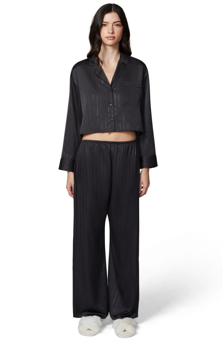 Florence by Mills Stardust Satin Crop Pajama Shirt, Alternate, color, Black