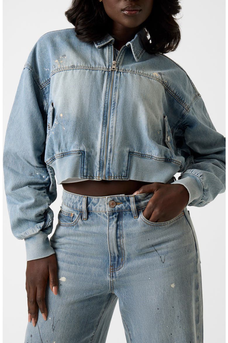 Anna Distressed Crop Denim Bomber Jacket, Main, color, DENIM
