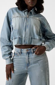 GUESS Anna Distressed Crop Denim Bomber Jacket