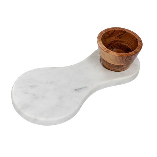 Storied Home Marble Serving Board With Mango Wood Bowl In White