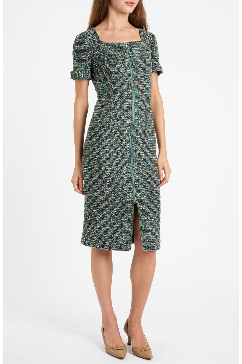Bri Short Sleeve Zippered Tweed Dress, Alternate, color, Evergreen
