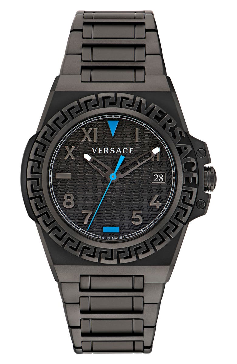 Versace Greca Reaction Bracelet Watch, 44mm, Main, color, Black
