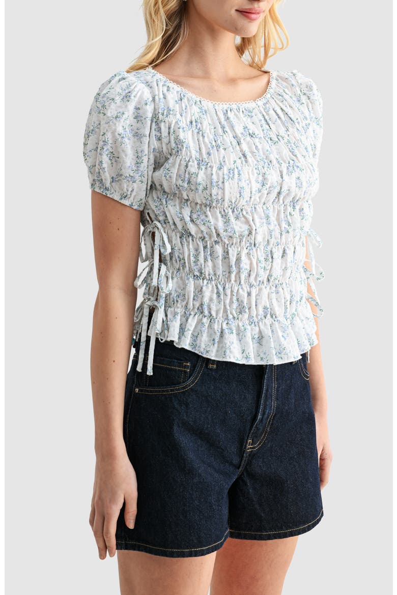 Floral Smocked Side Tie Cotton Top, Alternate, color, IVORY BLUE