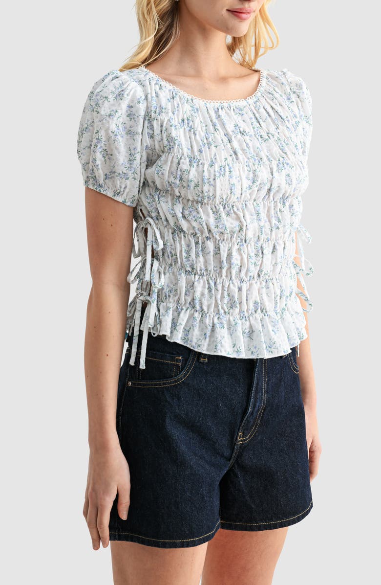 All in Favor Floral Smocked Side Tie Cotton Top, Alternate, color, Ivory Blue