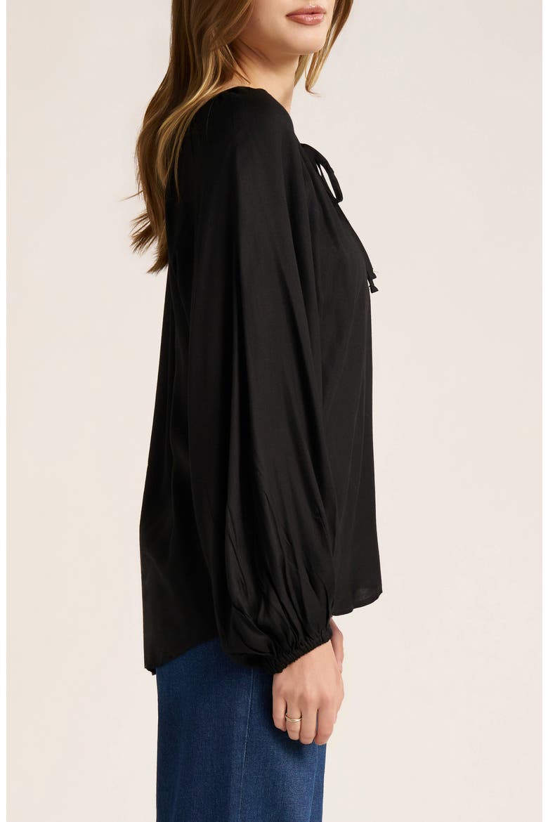 Tie Neck Raglan Sleeve Top, Alternate, color, BLACK