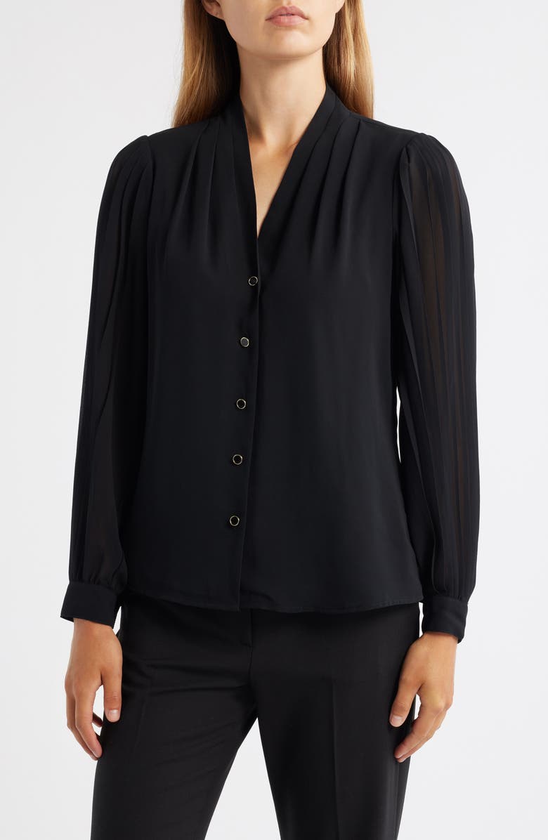 Anne Klein Pleated Chiffon Button-Up Shirt, Main, color, Anne Black