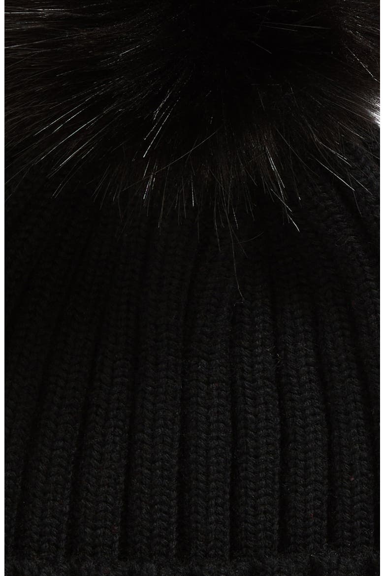 Virgin Wool Rib Beanie with Faux Fur Pompom, Alternate, color, BLACK