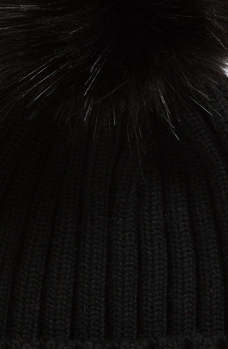 Moncler Virgin Wool Rib Beanie with Faux Fur Pompom, Alternate, color, Black