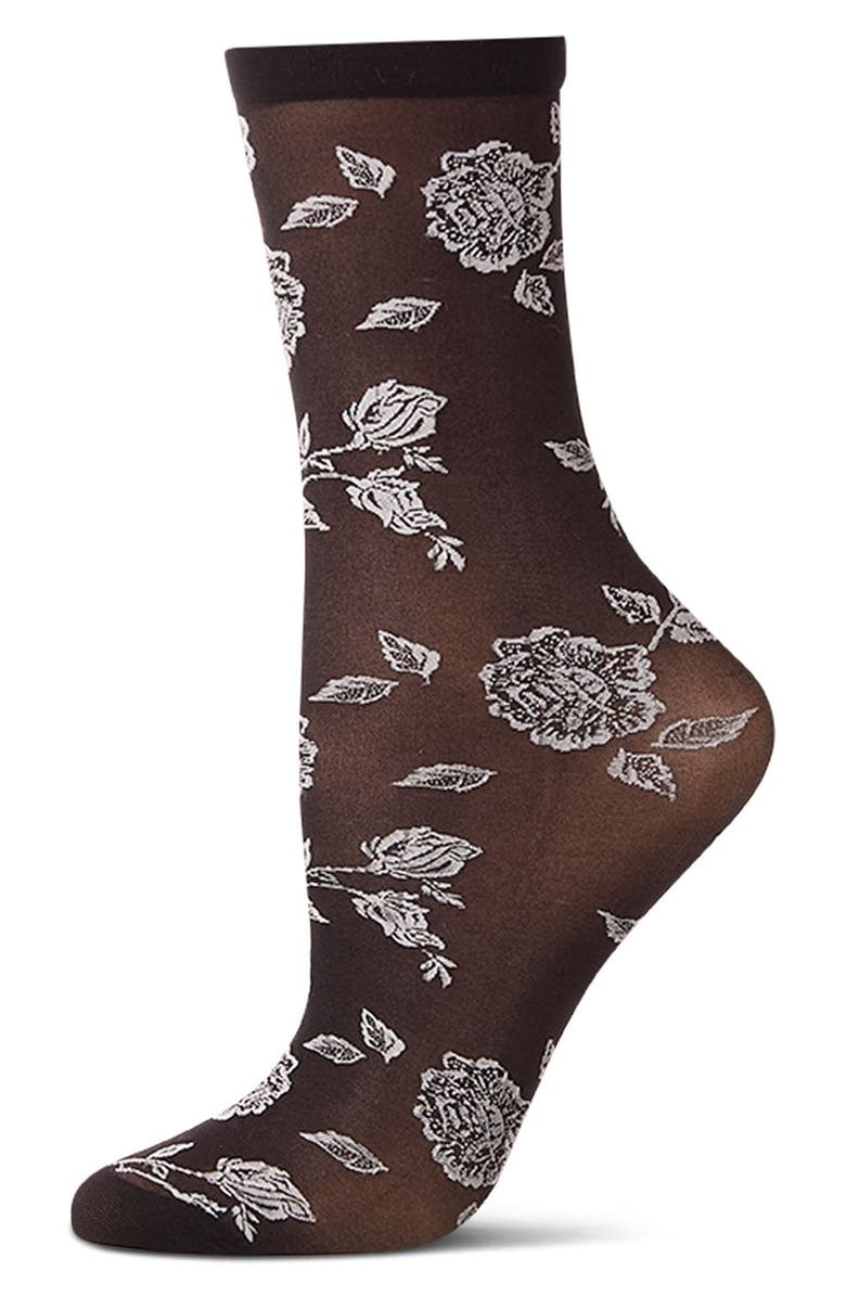 MeMoi Floral Sheer Crew Socks, Main, color, Black