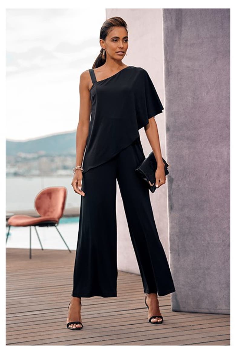 Women's Asymmetrical One Shoulder Jumpsuit, Alternate, color, Black
