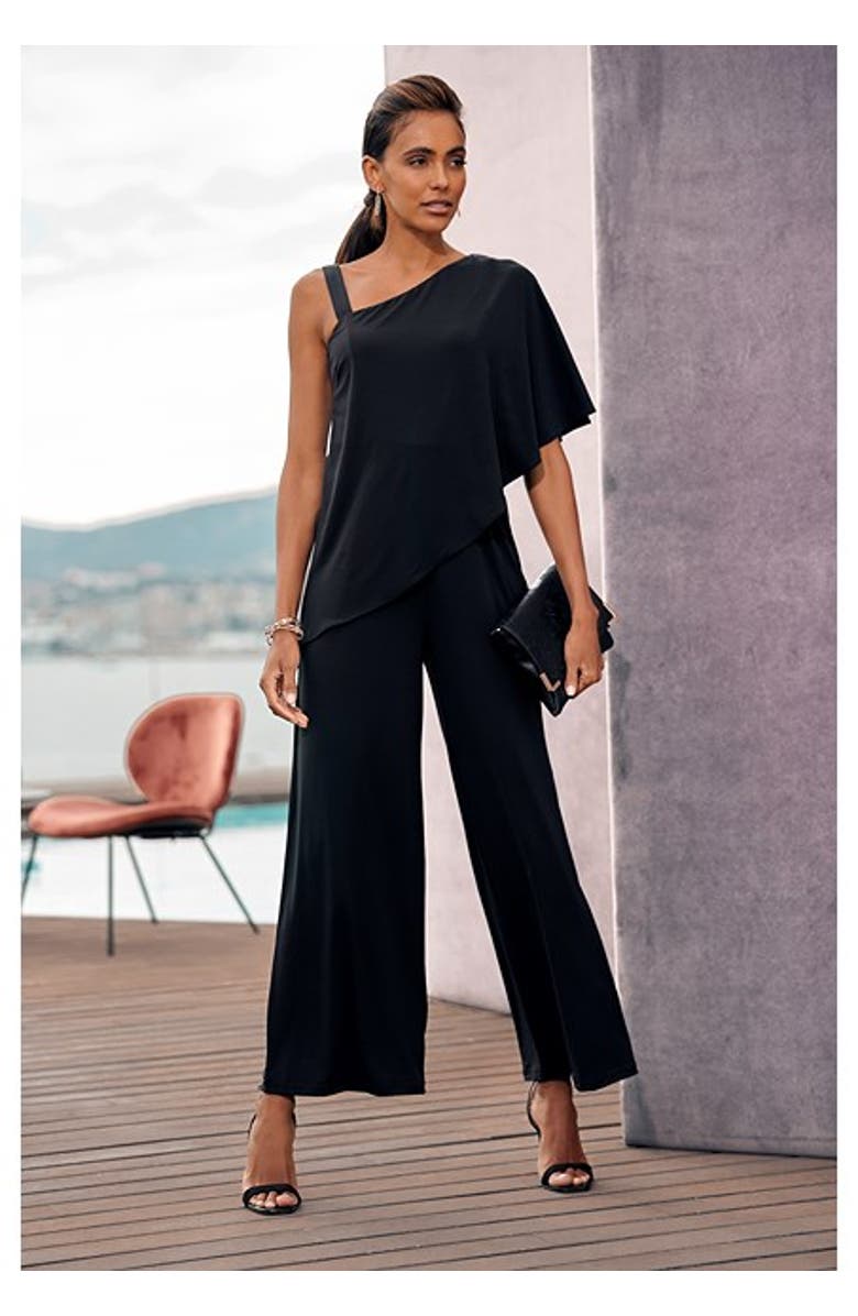 LASCANA Women's Asymmetrical One Shoulder Jumpsuit, Alternate, color, Black