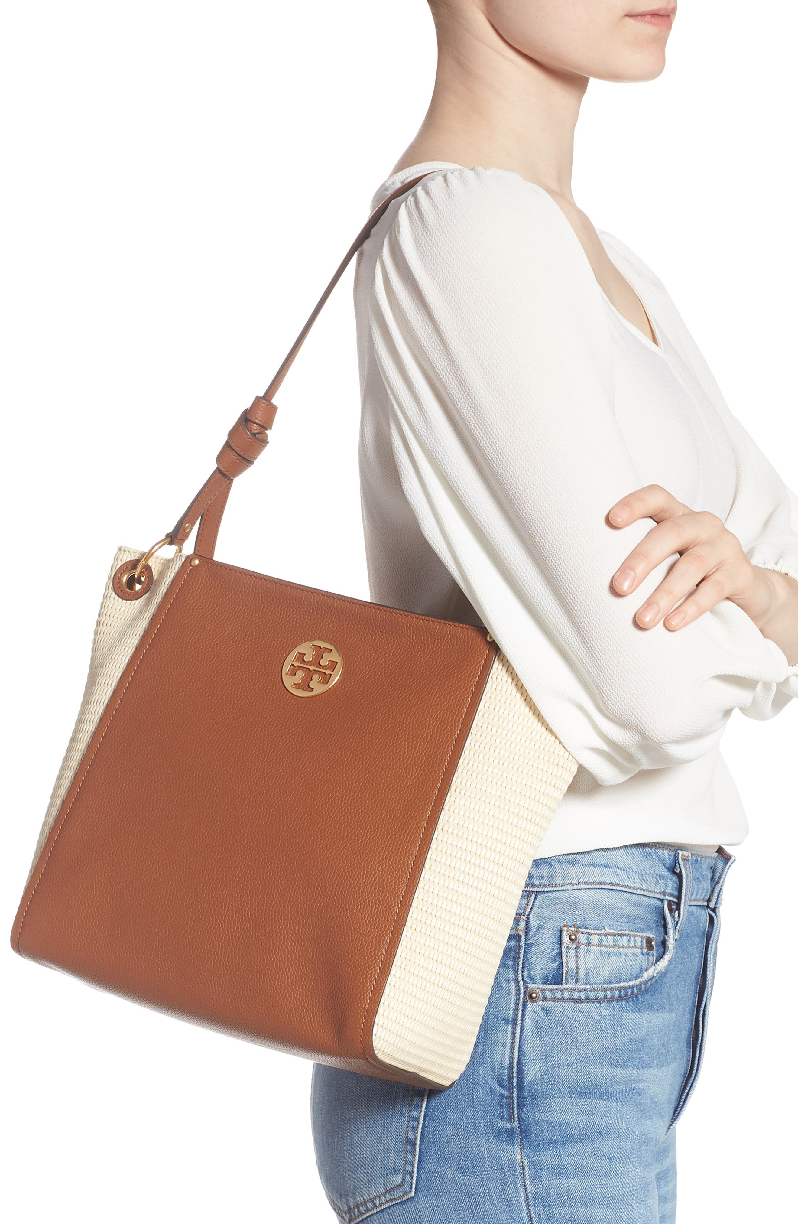 Tory Burch Everly Leather & Straw Hobo, Alternate, color, 