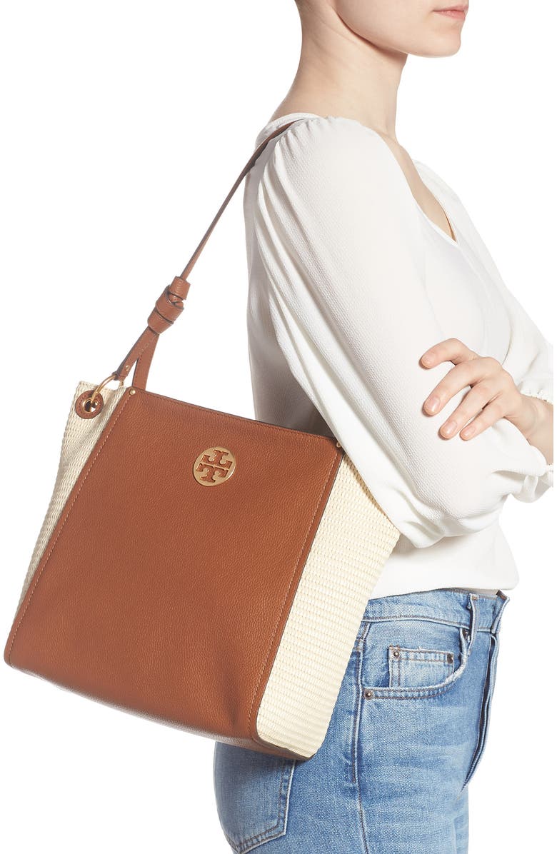 Tory Burch Everly Leather & Straw Hobo, Alternate, color,