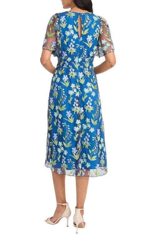 Maggy London Embroidered Flutter Sleeve Dress In Blue/green