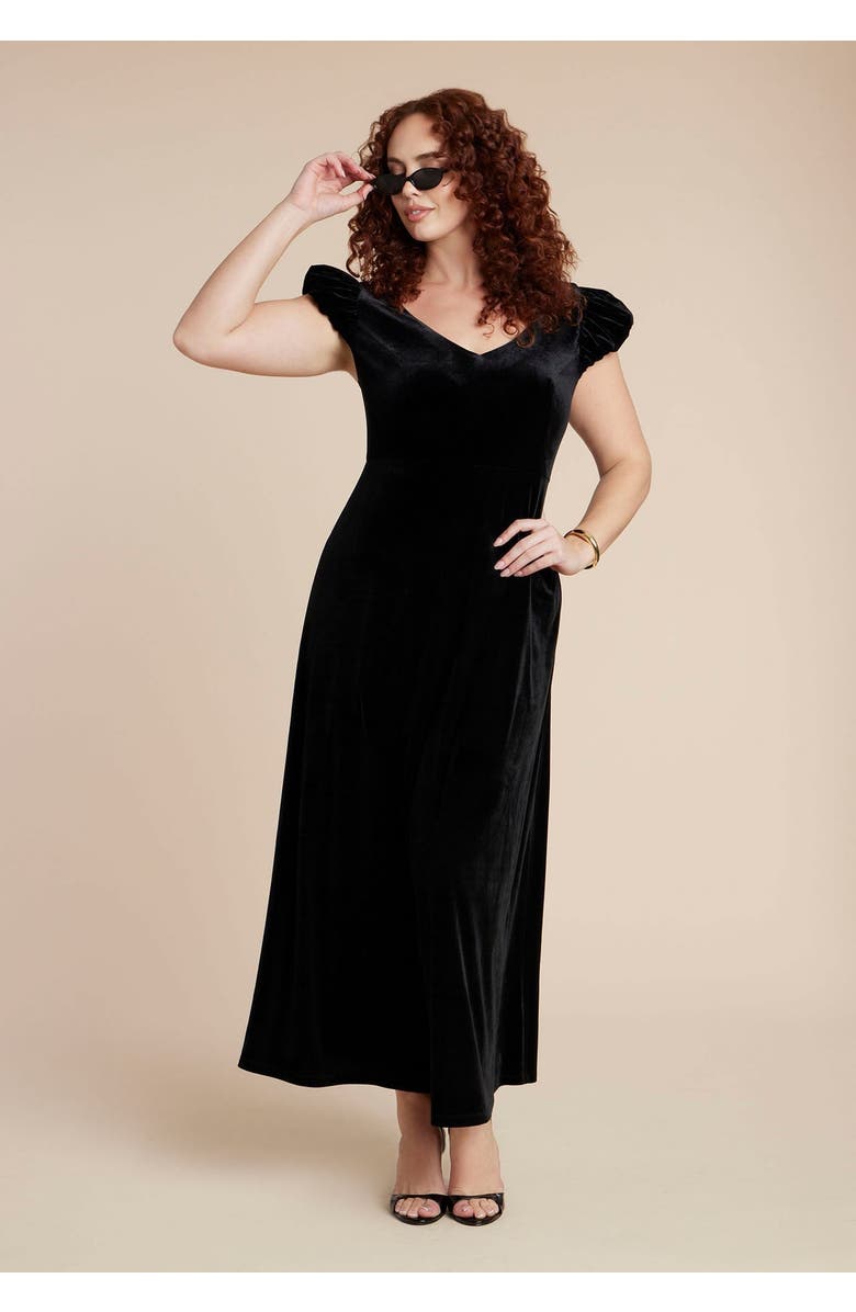 ELOQUII Velvet Short Puff Sleeve Maxi Dress, Main, color, Black Onyx