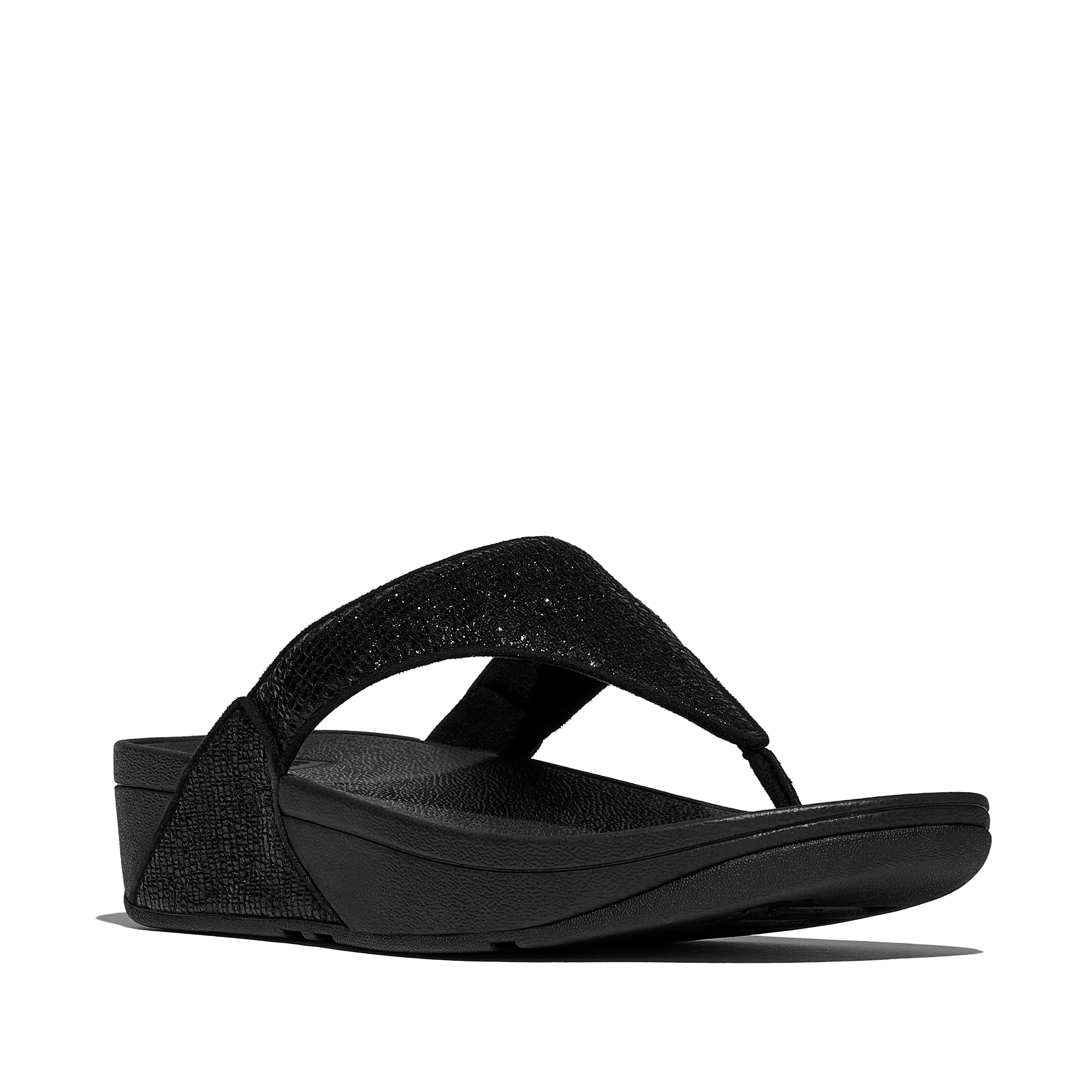 FitFlop Lulu Crinkled-shimmer toe-post sandals, Main, color, Metallic Black