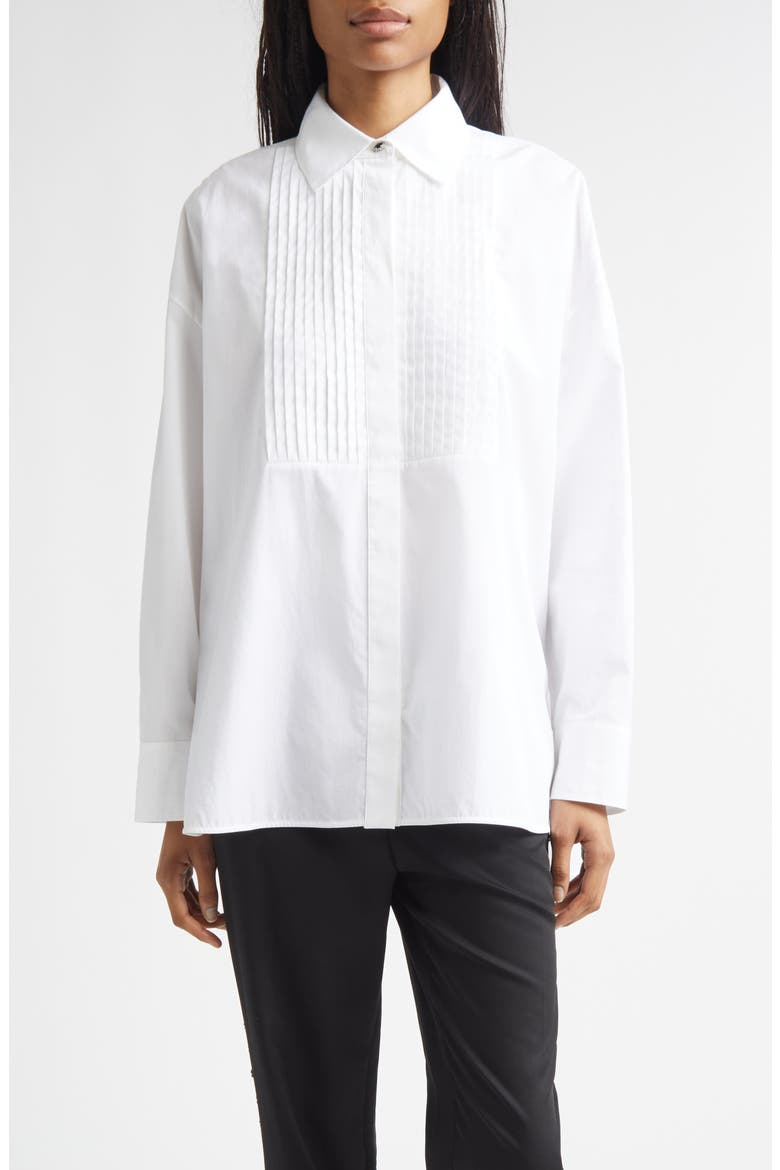 Pintuck Bib Oversize Button-Up Shirt, Main, color, WHITE