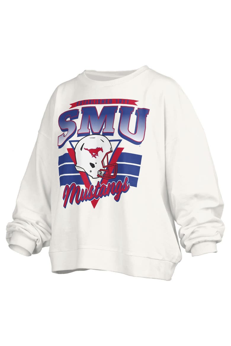 Women's Pressbox White SMU Mustangs Oversized Janice Retro Waist-Length Pullover Sweatshirt, Alternate, color, White
