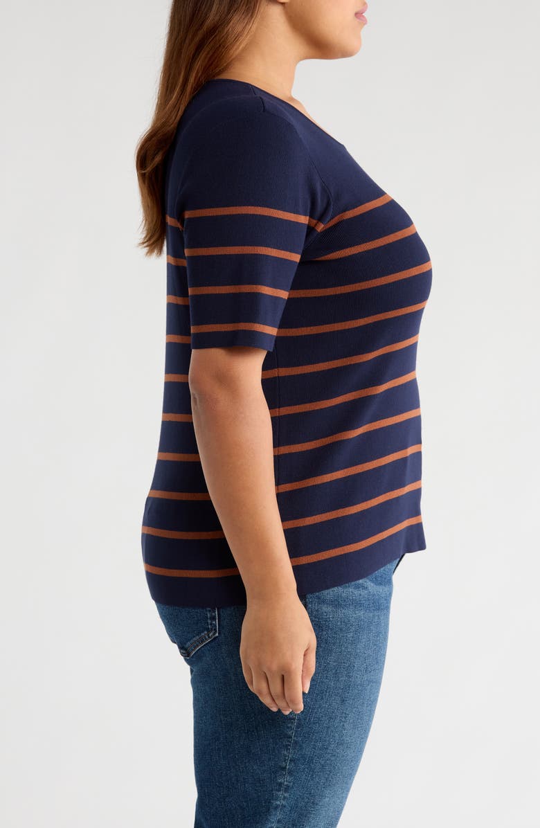 Tahari ASL Stripe Short Sleeve Sweater, Alternate, color, Navy Tawny