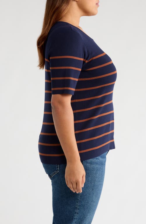 Tahari Asl Stripe Short Sleeve Sweater In Blue